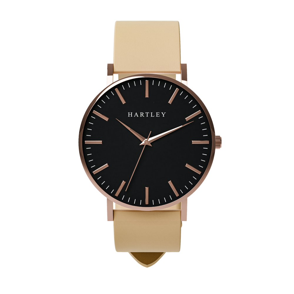 Heritage Rose Gold Black Dial with Beige Leather