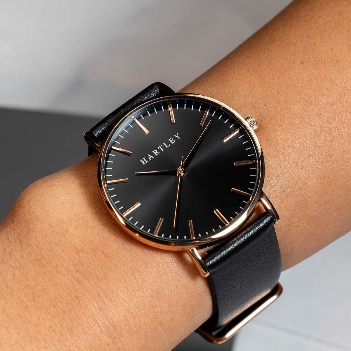 HERITAGE ROSE GOLD BLACK WITH BLACK LEATHER ON WRIST