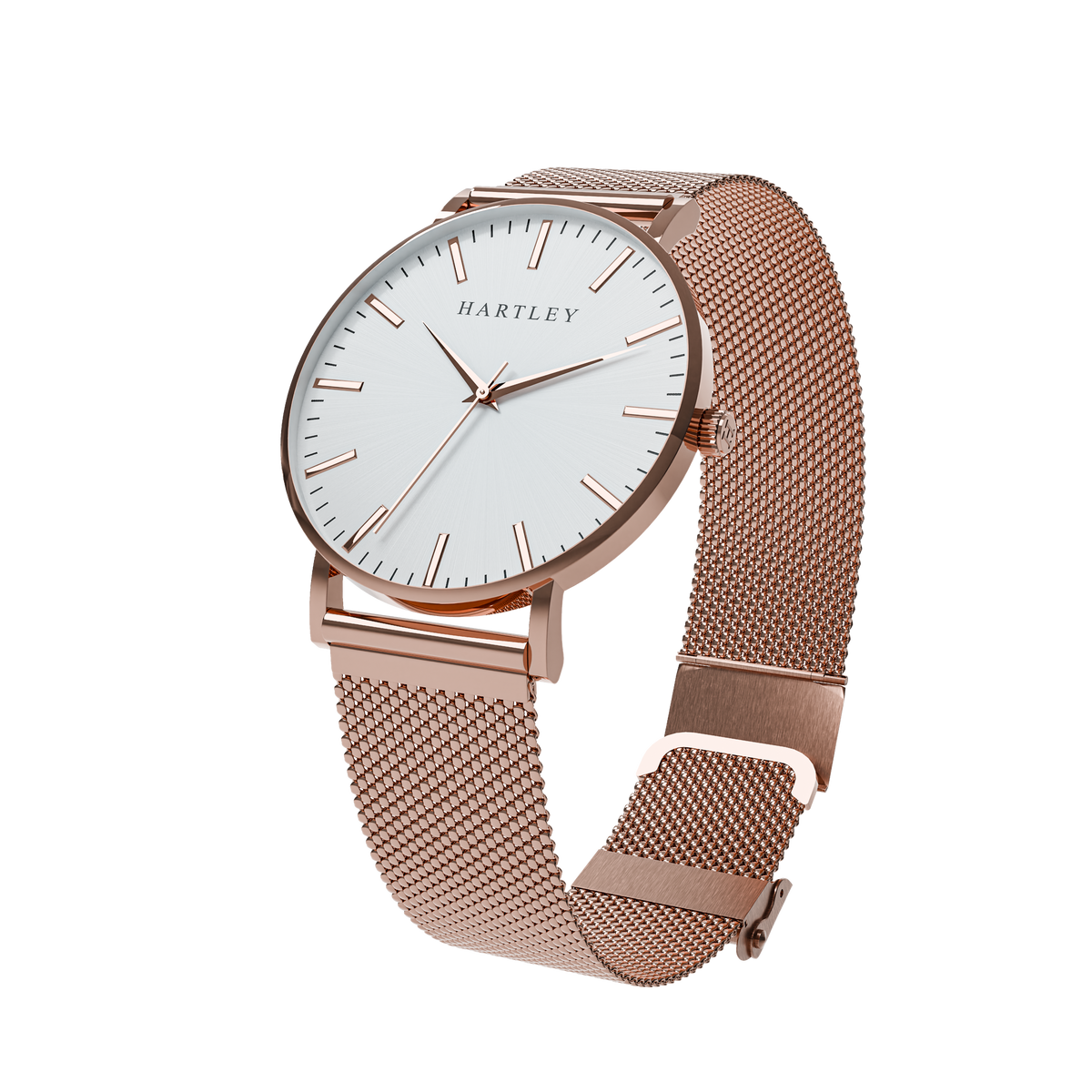 HERITAGE ROSE GOLD WHITE WITH ROSE GOLD MESH ANGLED VIEW